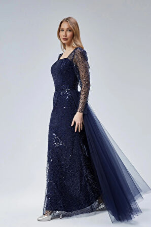  Kadın Abiye Ve Mezuniyet Elbise Kare Yaka Tül Detaylı Abiye Elbise