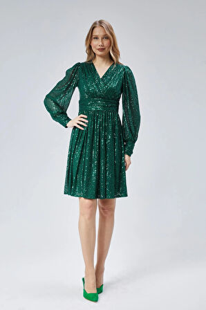 Kadın Abiye ve Mezuniyet Kruvaze Yaka Korsajlı Payetli Kumaş Abiye Elbise