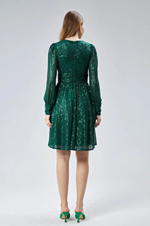 Kadın Abiye ve Mezuniyet Kruvaze Yaka Korsajlı Payetli Kumaş Abiye Elbise