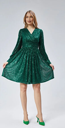 Kadın Abiye ve Mezuniyet Kruvaze Yaka Korsajlı Payetli Kumaş Abiye Elbise