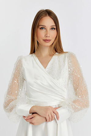 Kadın Abiye Ve Mezuniyet Orta Beden Kruvaze Yaka Saten Kumaş Ve Inci Boncuklu Tül Abiye Elbise