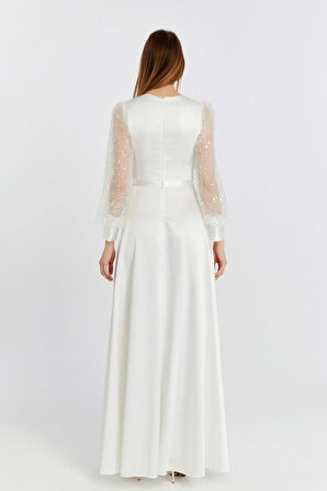 Kadın Abiye Ve Mezuniyet Orta Beden Kruvaze Yaka Saten Kumaş Ve Inci Boncuklu Tül Abiye Elbise