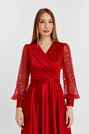 Kadın Abiye Ve Mezuniyet Orta Beden Kruvaze Yaka Saten Kumaş Ve Inci Boncuklu Tül Abiye Elbise