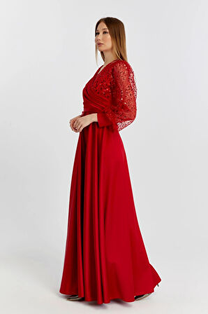 Kadın Abiye Ve Mezuniyet Orta Beden Kruvaze Yaka Saten Kumaş Ve Inci Boncuklu Tül Abiye Elbise