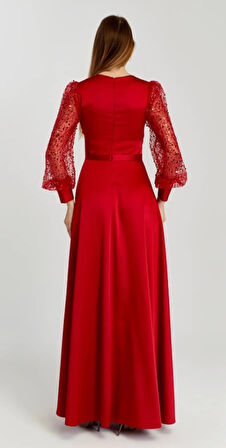 Kadın Abiye Ve Mezuniyet Orta Beden Kruvaze Yaka Saten Kumaş Ve Inci Boncuklu Tül Abiye Elbise