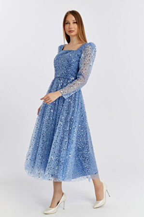  Kadın Kare Yaka Tül Kumaş Üzerine Inci Boncuklu Tül Şık Ve Zarif Abiye Elbise