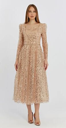  Kadın Kare Yaka Tül Kumaş Üzerine Inci Boncuklu Tül Şık Ve Zarif Abiye Elbise