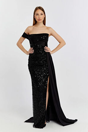 Abiye ve Mezuniyet Elbise Kuyruk Detaylı Drapeli İnci Boncuklu Kadın Abiye Elbise