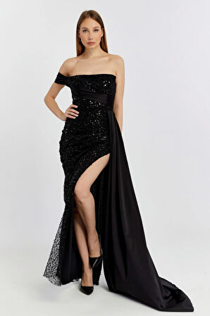 Abiye ve Mezuniyet Elbise Kuyruk Detaylı Drapeli İnci Boncuklu Kadın Abiye Elbise