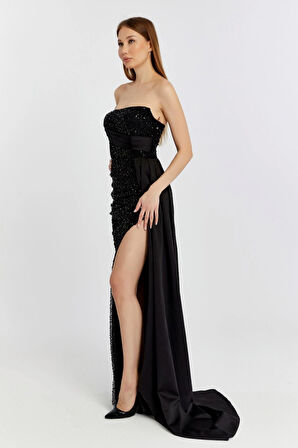 Abiye ve Mezuniyet Elbise Kuyruk Detaylı Drapeli İnci Boncuklu Kadın Abiye Elbise