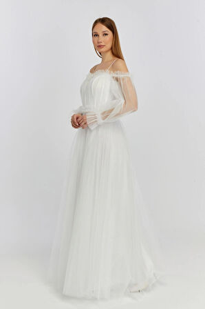 Abiye ve Mezuniyet Elbise Fırfır Detaylı Balon Kol Prenses Tül Abiye Elbise