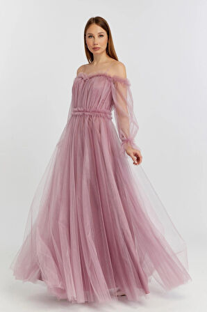 Abiye ve Mezuniyet Elbise Fırfır Detaylı Balon Kol Prenses Tül Abiye Elbise