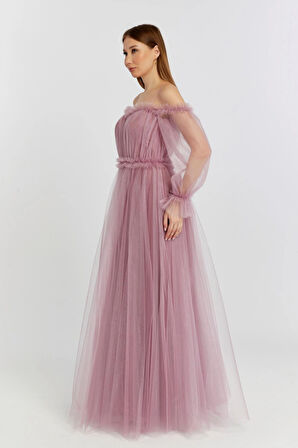 Abiye ve Mezuniyet Elbise Fırfır Detaylı Balon Kol Prenses Tül Abiye Elbise