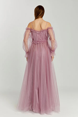 Abiye ve Mezuniyet Elbise Fırfır Detaylı Balon Kol Prenses Tül Abiye Elbise