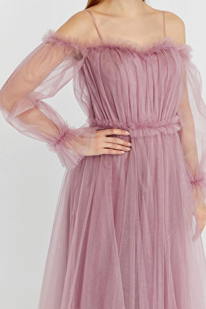 Abiye ve Mezuniyet Elbise Fırfır Detaylı Balon Kol Prenses Tül Abiye Elbise