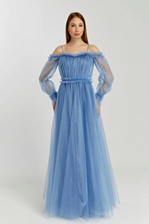 Abiye ve Mezuniyet Elbise Fırfır Detaylı Balon Kol Prenses Tül Abiye Elbise