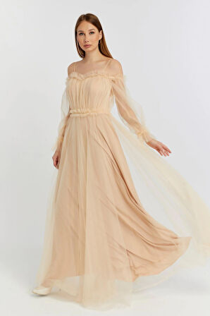 Abiye ve Mezuniyet Elbise Fırfır Detaylı Balon Kol Prenses Tül Abiye Elbise