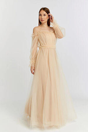 Abiye ve Mezuniyet Elbise Fırfır Detaylı Balon Kol Prenses Tül Abiye Elbise