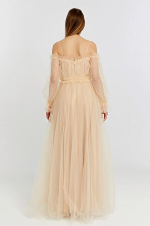 Abiye ve Mezuniyet Elbise Fırfır Detaylı Balon Kol Prenses Tül Abiye Elbise