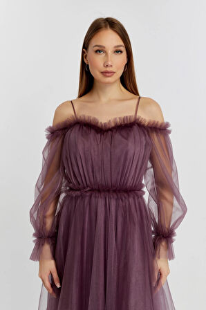 Abiye ve Mezuniyet Elbise Fırfır Detaylı Balon Kol Prenses Tül Abiye Elbise