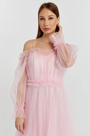 Abiye ve Mezuniyet Elbise Fırfır Detaylı Balon Kol Prenses Tül Abiye Elbise