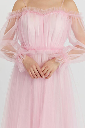 Abiye ve Mezuniyet Elbise Fırfır Detaylı Balon Kol Prenses Tül Abiye Elbise