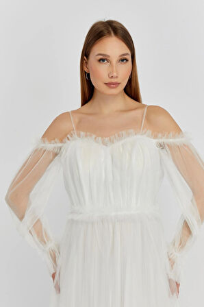 Abiye ve Mezuniyet Elbise Fırfır Detaylı Balon Kol Prenses Tül Abiye Elbise