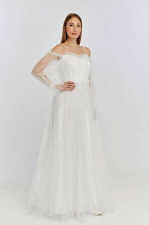 Abiye ve Mezuniyet Elbise Fırfır Detaylı Balon Kol Prenses Tül Abiye Elbise