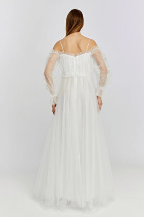 Abiye ve Mezuniyet Elbise Fırfır Detaylı Balon Kol Prenses Tül Abiye Elbise