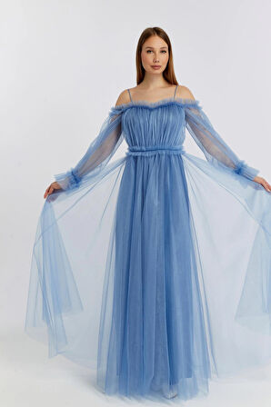 Abiye ve Mezuniyet Elbise Fırfır Detaylı Balon Kol Prenses Tül Abiye Elbise