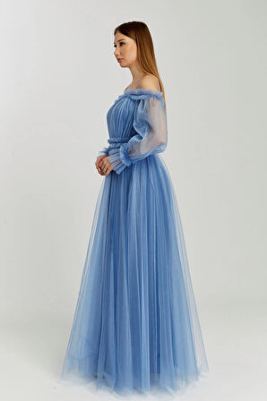 Abiye ve Mezuniyet Elbise Fırfır Detaylı Balon Kol Prenses Tül Abiye Elbise