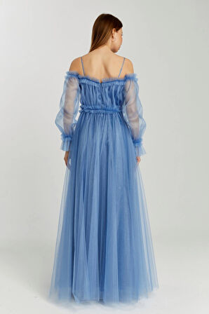 Abiye ve Mezuniyet Elbise Fırfır Detaylı Balon Kol Prenses Tül Abiye Elbise