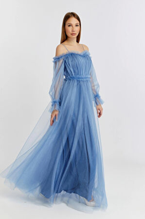 Abiye ve Mezuniyet Elbise Fırfır Detaylı Balon Kol Prenses Tül Abiye Elbise