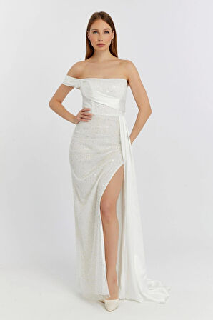 Abiye ve Mezuniyet Elbise Kuyruk Detaylı Drapeli İnci Boncuklu Kadın Abiye Elbise