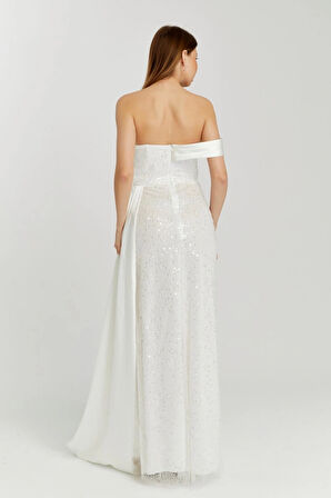 Abiye ve Mezuniyet Elbise Kuyruk Detaylı Drapeli İnci Boncuklu Kadın Abiye Elbise