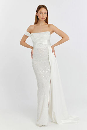 Abiye ve Mezuniyet Elbise Kuyruk Detaylı Drapeli İnci Boncuklu Kadın Abiye Elbise