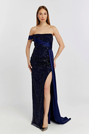 Abiye ve Mezuniyet Elbise Kuyruk Detaylı Drapeli İnci Boncuklu Kadın Abiye Elbise