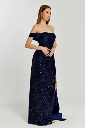 Abiye ve Mezuniyet Elbise Kuyruk Detaylı Drapeli İnci Boncuklu Kadın Abiye Elbise