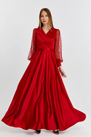 Kadın Abiye Ve Mezuniyet Orta Beden Kruvaze Yaka Saten Kumaş Ve Inci Boncuklu Tül Abiye Elbise