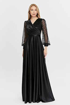 Kadın Abiye Ve Mezuniyet Orta Beden Kruvaze Yaka Saten Kumaş Ve Inci Boncuklu Tül Abiye Elbise