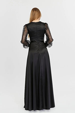 Kadın Abiye Ve Mezuniyet Orta Beden Kruvaze Yaka Saten Kumaş Ve Inci Boncuklu Tül Abiye Elbise