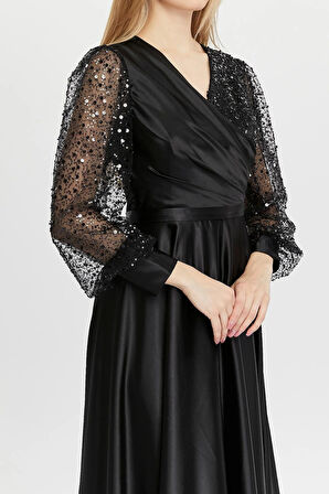 Kadın Abiye Ve Mezuniyet Orta Beden Kruvaze Yaka Saten Kumaş Ve Inci Boncuklu Tül Abiye Elbise