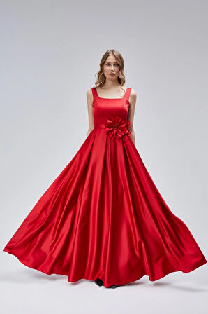 Kadın Abiye Ve Mezuniyet Çiçek Detaylı Kare Yaka Pileli  Saten Abiye Elbise