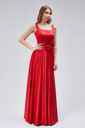 Kadın Abiye Ve Mezuniyet Çiçek Detaylı Kare Yaka Pileli  Saten Abiye Elbise