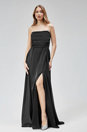 Kadın Abiye Ve Mezuniyet Elbise Taşlı Drape Detaylı Yırtmaçlı Straplez Saten Abiye Elbise