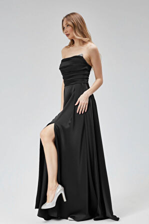 Kadın Abiye Ve Mezuniyet Elbise Taşlı Drape Detaylı Yırtmaçlı Straplez Saten Abiye Elbise