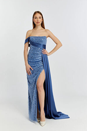 Abiye ve Mezuniyet Elbise Kuyruk Detaylı Drapeli İnci Boncuklu Kadın Abiye Elbise