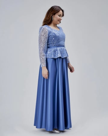 Asees Orta Beden Kalp Yaka Peplum Detaylı Uzun Abiye Elbise