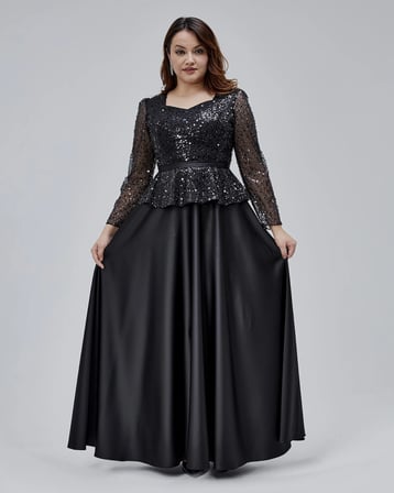 Asees Orta Beden Kalp Yaka Peplum Detaylı Uzun Abiye Elbise