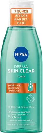 NIVEA Derma Skin Clear Sivilce Karşıtı Tonik 200ml,Gözenek Arındırıcı,Cildin Yağ Dengesini Korur,Nemlendirir,Salisilik Asit (BHA) Deniz Tuzu, Niasinamid,Sivilceye Eğilimli Ciltler